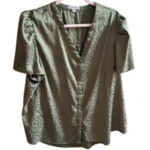 Ophelia Roe Olive Green Leopard Print Puff Sleeve V Neck Button Front Top 1X